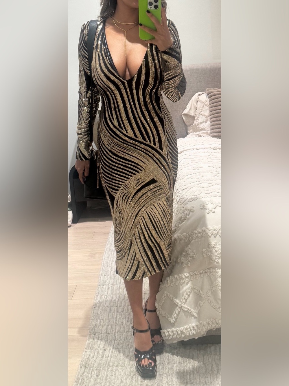 HOT MIAMI STYLES Metallic Gold & Black Plunge Midi Dress Gatsby